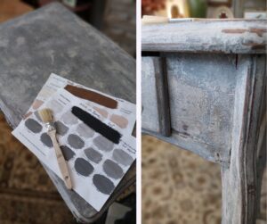 Nuancier de couleurs et texture vieillie d'un meuble en cours de relooking, montrant l'effet de la patine et de l'usure naturelle ou simulée.